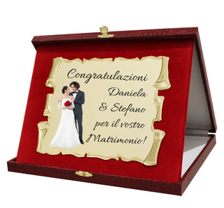 Elegante Targa Commemorativa Personalizzabile | Testo e Foto | Laurea, Pensione, Matrimonio, Anniversario | Personalizzata con dedica e Immagini | (Targhetta Dorata, Cofanetto Deluxe Bordeaux)