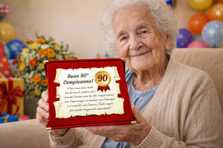 90 Anni - Targa Regalo per Novantesimo Compleanno | Coccarda e Dedica su Pergamena e Cofanetto in Velluto 28x21
