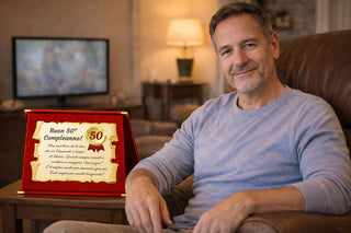 50 Anni - Targa Regalo per Cinquantesimo Compleanno | Coccarda e Dedica su Pergamena e Cofanetto in Velluto 28x21