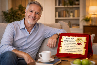 50 Anni - Targa Regalo per Cinquantesimo Compleanno | Coccarda e Dedica su Pergamena e Cofanetto in Velluto 28x21