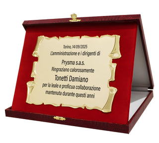 Elegante Targa Commemorativa Personalizzabile | Testo e Foto | Laurea, Pensione, Matrimonio, Anniversario | Personalizzata con dedica e Immagini | (Targhetta Dorata, Cofanetto Deluxe Bordeaux)