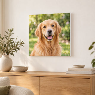 Tela quadrata con ritratto di golden retriever, ambientata sopra un mobile in legno