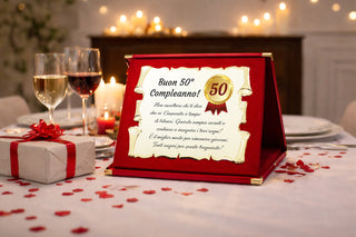 50 Anni - Targa Regalo per Cinquantesimo Compleanno | Coccarda e Dedica su Pergamena e Cofanetto in Velluto 28x21