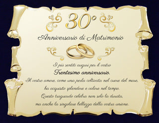 Targa Anniversario di Matrimonio | Elegante Regalo Sposi | Regalo nozze d'oro, diamante, rubino, smeraldo, platino, perla. Pergamena dorata e cofanetto velluto.