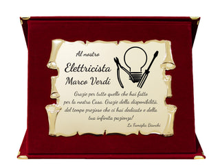 Targa regalo personalizzata per elettricista con lampadina, pinze e cacciavite in cofanetto di velluto bordeaux