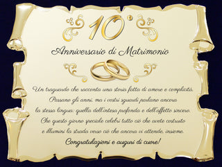 Targa Decimo Anniversario di Matrimonio | Elegante Regalo 10° Nozze di Stagno | Targhetta Pergamena dorata su cofanetto in velluto (Blu e Dorato, 10° Anniversario)