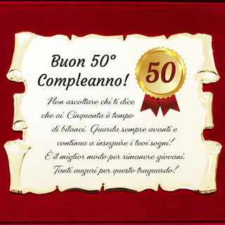 50 Anni - Targa Regalo per Cinquantesimo Compleanno | Coccarda e Dedica su Pergamena e Cofanetto in Velluto 28x21