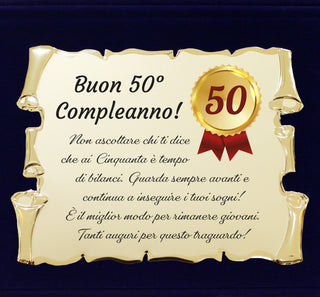 50 Anni - Targa Regalo per Cinquantesimo Compleanno | Coccarda e Dedica su Pergamena e Cofanetto in Velluto 28x21