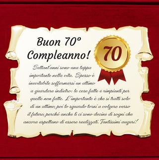 70 Anni - Targa Regalo per Settantesimo Compleanno | Coccarda e Dedica su Pergamena e Cofanetto in Velluto 28x21